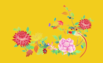 Fototapeta na wymiar Vector illustration of Chinese style flowers, birds and flowers