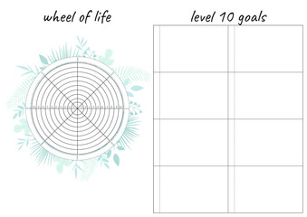 Printable A4 paper sheet with tropical leaves and Wheel of Life - diagram with blank lines to fill. Coaching tool for bullet journal page, daily planner template, blank for notebook.