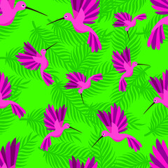 Little colibri small bird and tropic palm leaves seamless pattern. Vector illustration.