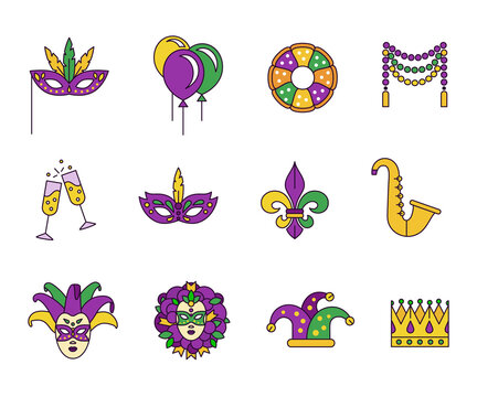 Mardi Gras, Christian Event With Masquerade - Solid Icons In Purple, Yellow And Green Palette. Tradition Symbols Of Fat Tuesday. Venetian Masks, Beads Garland, The King Cake, Fleur De Lis And Other