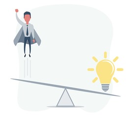 Business startup concept. Vector illustration with a businessman flying high up and a lightbulb. Flat design