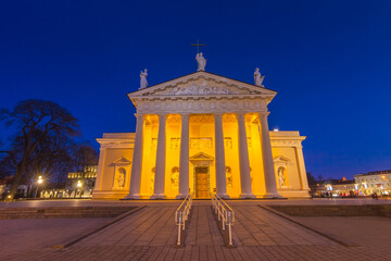 Fototapeta na wymiar Cathedral with Bell Tower and Gediminas statue Square in Vilnius at night, Lithuania
