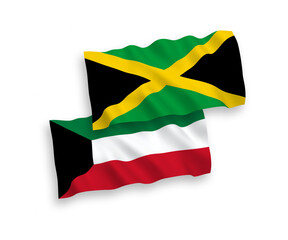 National vector fabric wave flags of Jamaica and Kuwait isolated on white background. 1 to 2 proportion.