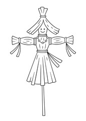 Scarecrow of winter as symbol of Maslenitsa or Pancake week Shrovetide scarecrow. Vector illustration on doodle style on white background