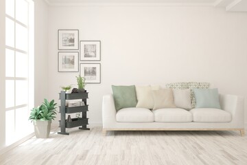 White living room with sofa. Scandinavian interior design. 3D illustration