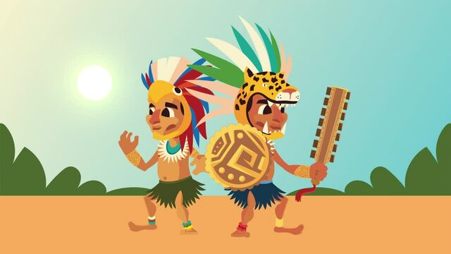 culture aztec natives with animals hat in the camp animation