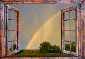 wooden old window sky view with rainbow