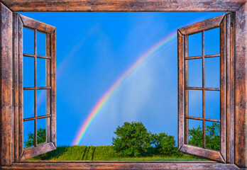 wooden old window sky view with rainbow