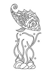 Underwater fish coloring book. Hand drawn fish with seaweed stress coloring book with lots of details, vector isolated illustration