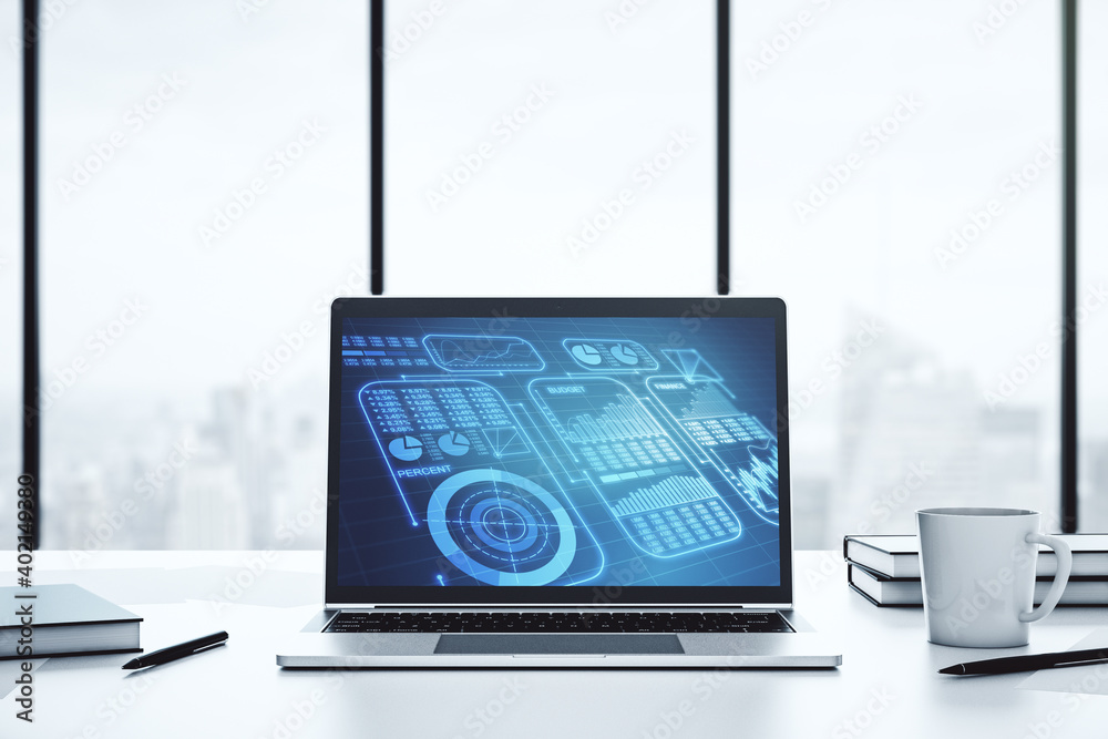 Poster modern computer monitor with abstract creative statistics data hologram, statistics and analytics co