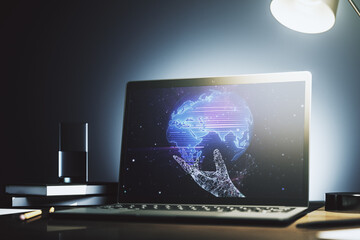 Fototapeta premium Modern computer screen with abstract creative digital world map, research and analytics concept. 3D Rendering