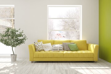 White living room with sofa and winter landscape in window. Scandinavian interior design. 3D illustration
