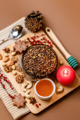 Kutia is a sweet wheat porridge of the Slavs. Traditional Christmas dish of the orthodox christians. Christmas kutia with honey, nuts, poppy, raisins and spices. Christmas eve food. Top view.