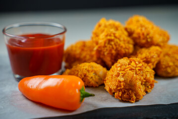 Fried crispy chicken nuggets with ketchup.