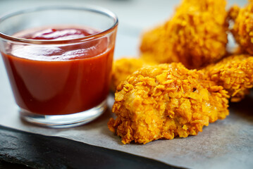 Fried crispy chicken nuggets with ketchup.