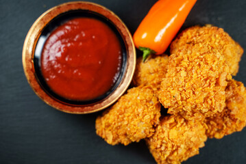 Fried crispy chicken nuggets with ketchup. Top view.