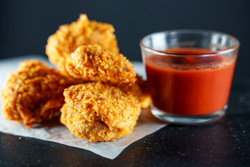Fried crispy chicken nuggets with ketchup.