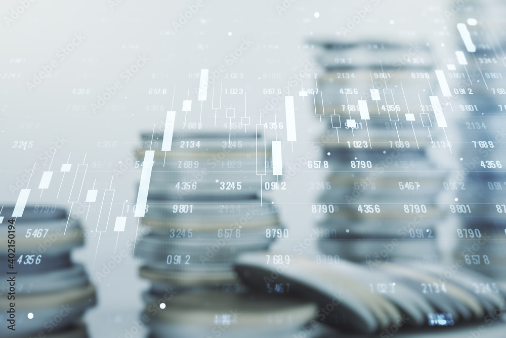 Poster multi exposure of stats data illustration on stacks of coins background, computing and analytics con
