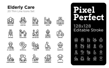 Nursing home for elderly people thin line icons set. Assisted living for disabled, volunteers help and support. Long-term service. Pixel perfect, editable stroke. Vector illustration.