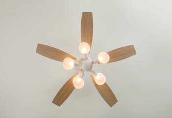 Modern ceiling fan with lamps indoors, bottom view. Interior element