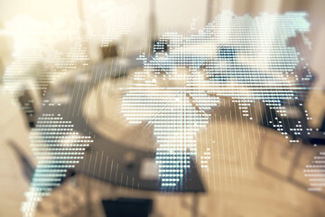 Multi exposure of abstract graphic world map on a modern furnished classroom background, big data and networking concept