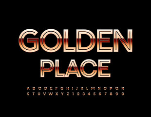 Vector premium banner Gold Place. Creative chic Font. Luxury shiny Alphabet Letters and Numbers set