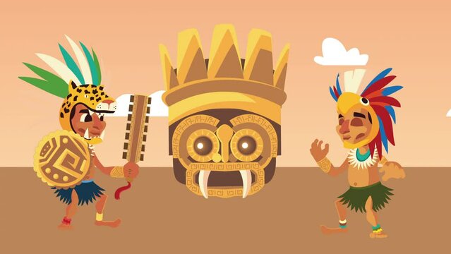 culture aztec idol head with natives animation