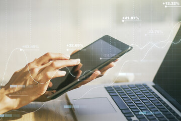 Abstract creative analytics data spreadsheet with finger clicks on a digital tablet on background, analytics and analysis concept. Multiexposure