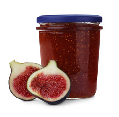 Homemade delicious fig jam and fresh fruits on white background