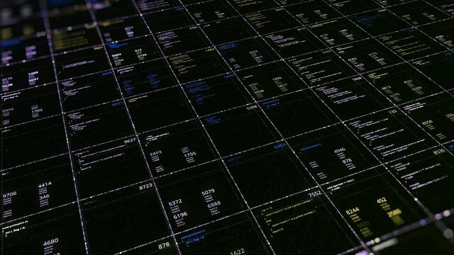 Changing digital data in database. Animation. Large database distributed across cells with numbers and data. Cells with changing numeric data