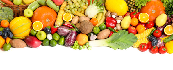Fototapeta na wymiar Assortment of fresh organic fruits and vegetables on white background, top view. Banner design