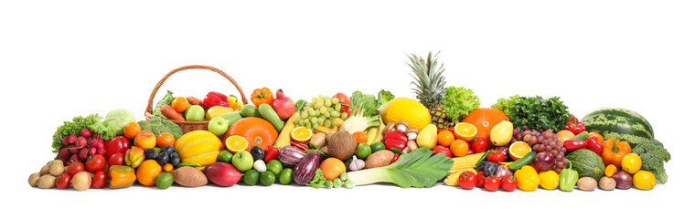 Obraz na płótnie Canvas Assortment of fresh organic fruits and vegetables on white background. Banner design