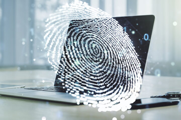 Multi exposure of abstract creative fingerprint illustration on modern laptop background, digital access concept