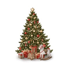 christmas tree with gifts, garland, balls and wooden horse. illustration for greeting cards, posters, souvenirs