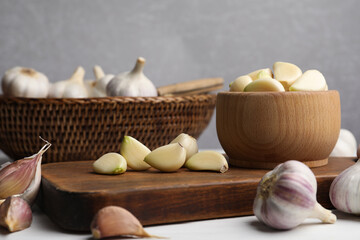 Fresh ripe garlic on white table. Organic product