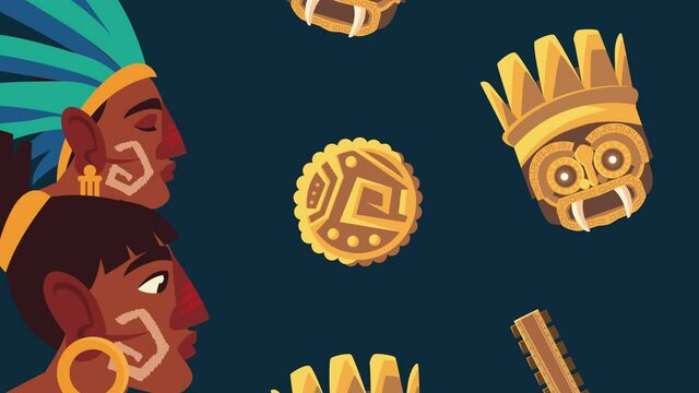 culture aztec natives profiles and golden idols animation