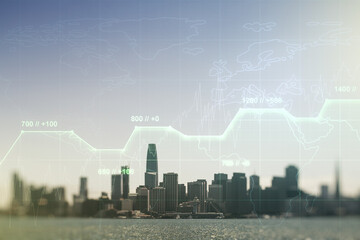 Fototapeta na wymiar Abstract virtual stats data hologram on San Francisco skyline background. Multiexposure