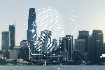 Multi exposure of virtual abstract fingerprint illustration on San Francisco city skyline background, digital access concept