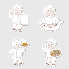 Set sticker chef in cook cap keeping.Vector cartoon illustration.