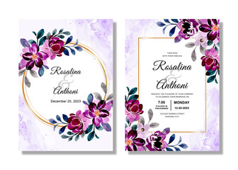 Wedding invitation card with violet floral watercolor