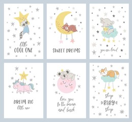 Vector set of six night cards with cute cartoon characters and phrases. Beautiful posters for baby rooms or bedroom. Childish backgrounds with moon, stars, cloud.
