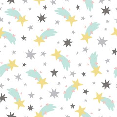 Seamless vector childish pattern with cute comets, stars. Creative scandinavian style kids texture for fabric, wrapping, textile, wallpaper, apparel.