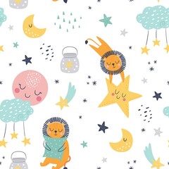 Seamless vector childish pattern with cute lions, clouds, moon, stars. Creative scandinavian style kids texture for fabric, wrapping, textile, wallpaper, apparel.