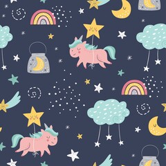 Seamless vector childish pattern with cute unicorn, moon, stars, rainbow, cloud. Creative scandinavian style kids texture for fabric, wrapping, textile, wallpaper, apparel.