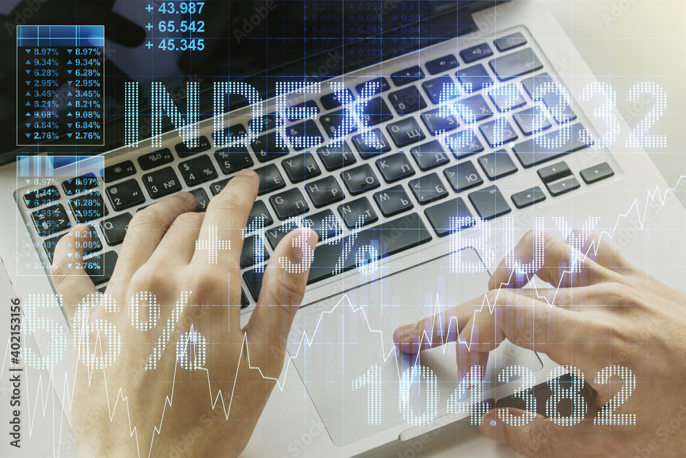 Poster multi exposure of abstract creative financial chart with hand typing on computer keyboard on backgro