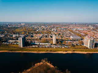 Aerial drone shot of the 's-Hertogenbosch or Den Bosch city in Noord Brabant the Netherlands from above. 