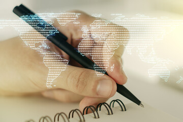Multi exposure of abstract graphic world map and man hand writing in diary on background, big data and networking concept