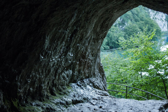 Dark cave in Plitvice lakes national park.