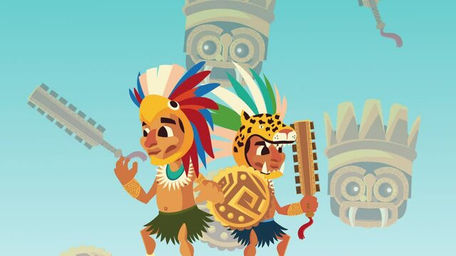 culture aztec natives with animals hat animation