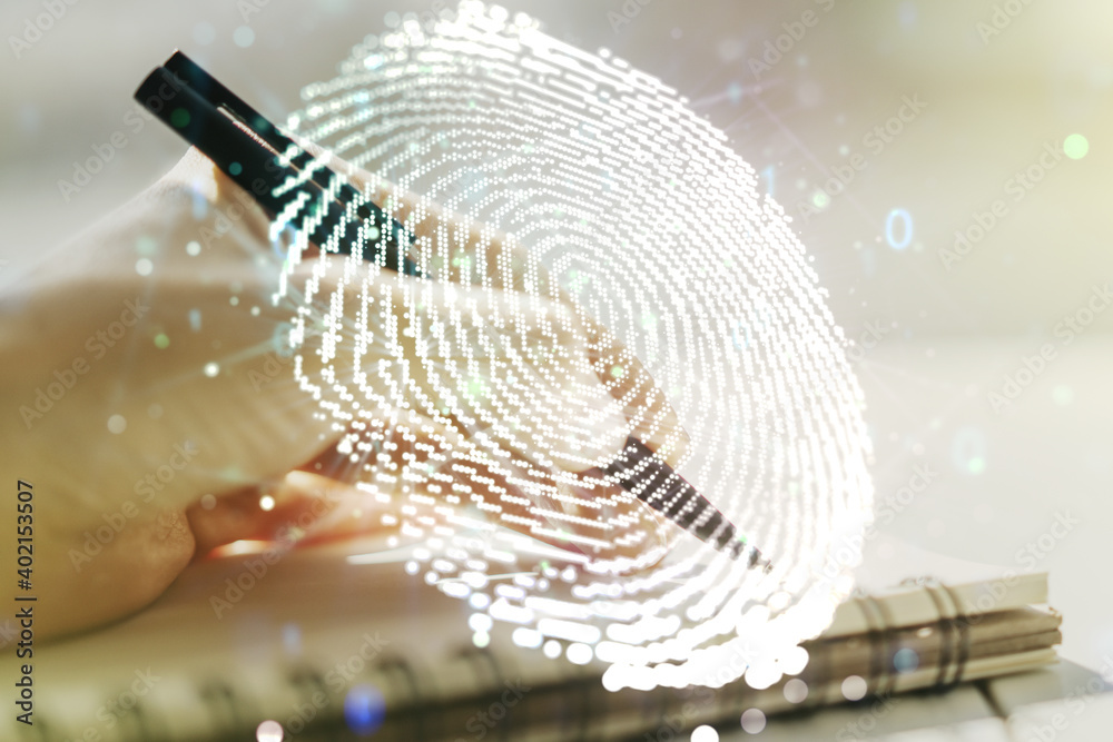 Poster abstract creative fingerprint concept with woman hand writing in notebook on background. multiexposu